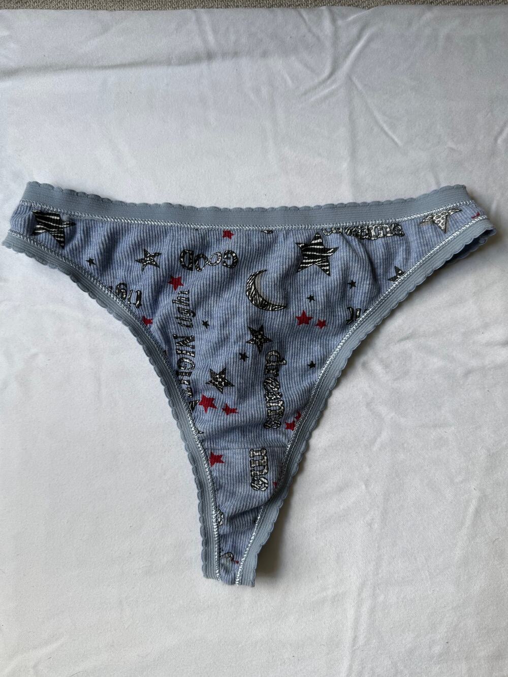 Vintage Of The Moment Graphic Cotton Thong Panty Blue Stars Moon Size M/6